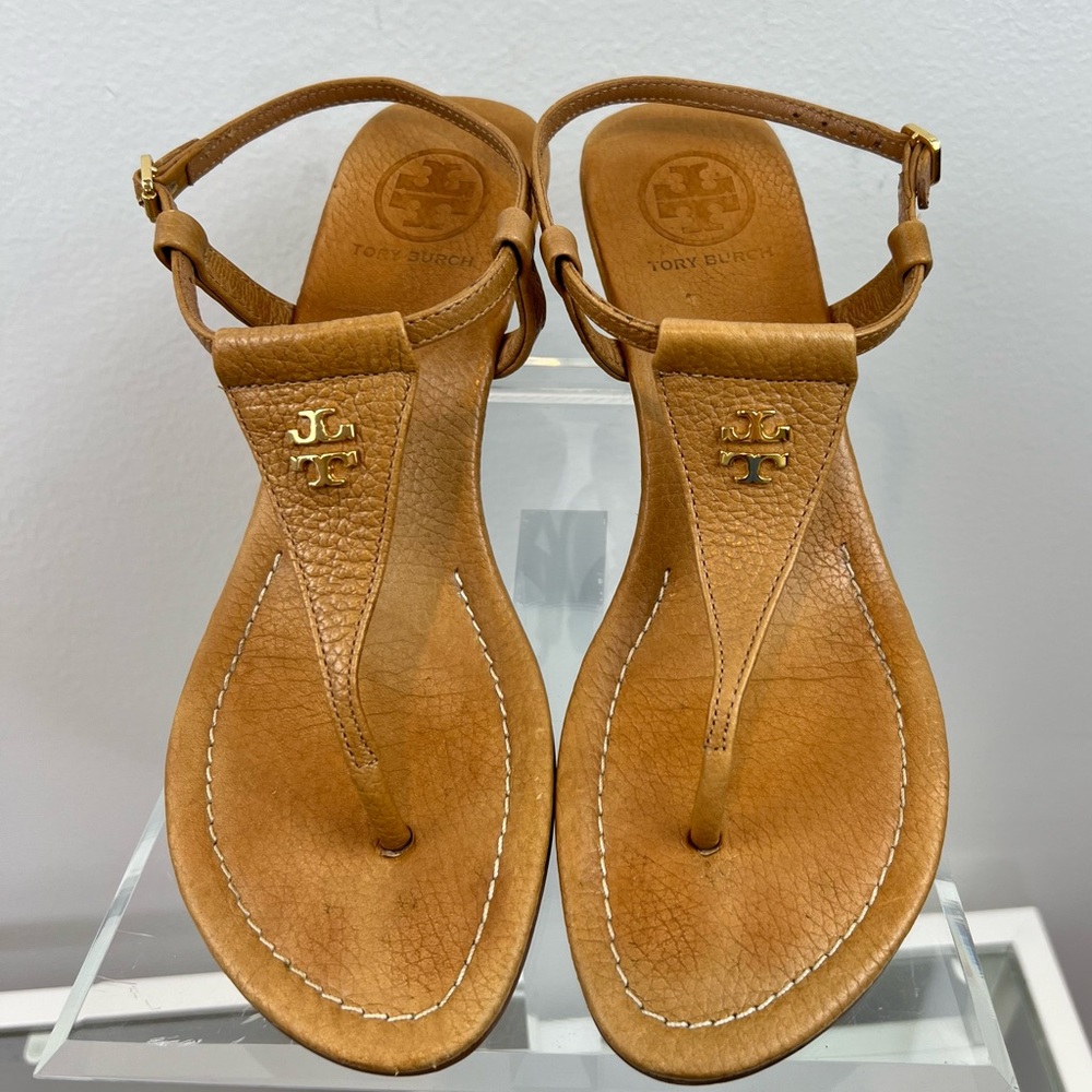Tory Burch Britton Logo Wedge Thong Sandal, Royal Tan Size 7.5